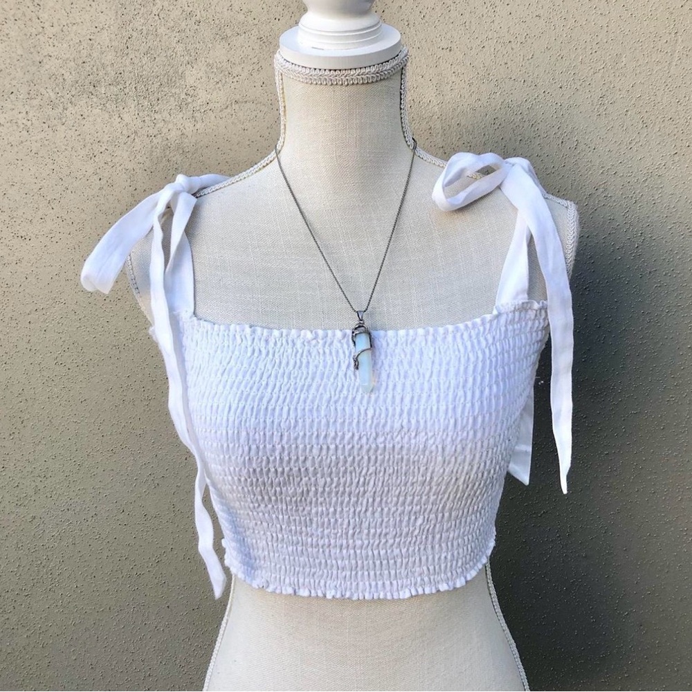 Reformation White Smocked Tie-Shoulder Crop Top